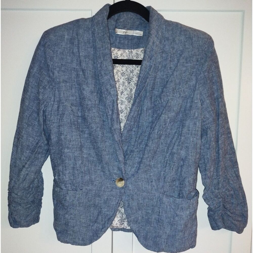 Anthropologie Brand Gibson Linen Cotton Jacket Size M Ruched Sleeves Blue Spring